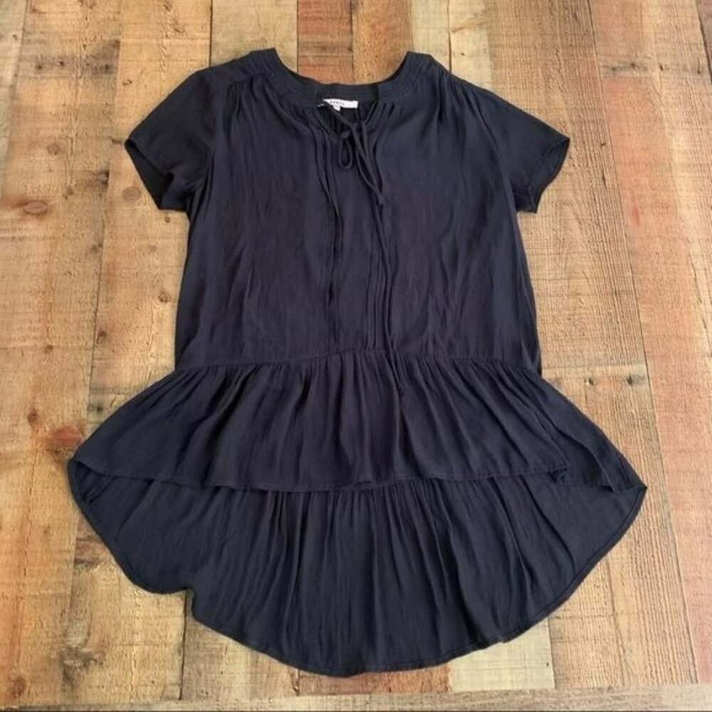 RO & DE womens lightweight v-neck high low tunic with ruffle bottom in navy -S